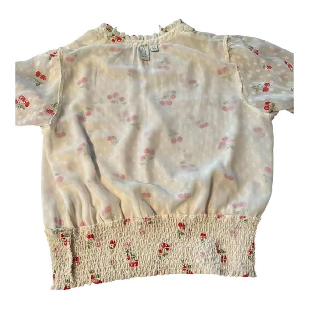 Joie Cherry Print Swiss Dot Peasant Blouse L Sheer Smocked Waist Cottage Flirty - Picture 9 of 16